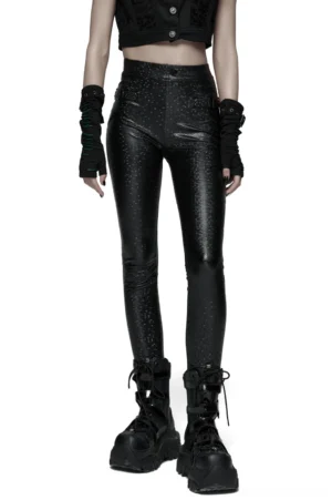 Black gothic leggings front view worn on model showcasing honeycomb texture and buckle waistband