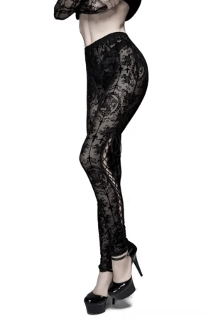 Black transparent mesh gothic leggings with side lace-up corset details shown from rear angle