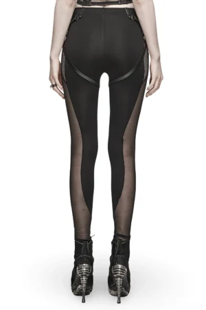 Gothic mesh leggings rear view on model showing transparent mesh side panels and back harness strap details