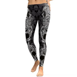 Black skull camouflage high-waist gothic leggings with 3D monochrome skull all-over print pattern