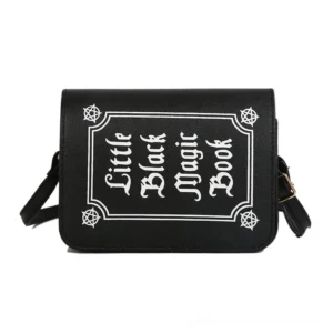 Black gothic letter printing crossbody bag front view with pentagram and symbolic decoration on PU leather