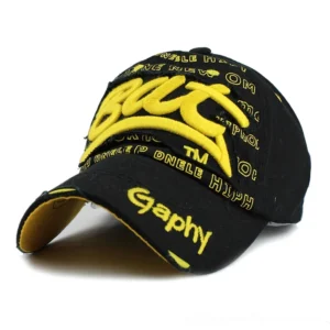 Black distressed gothic letter snapback cap with 3D embroidery, three-quarter front view
