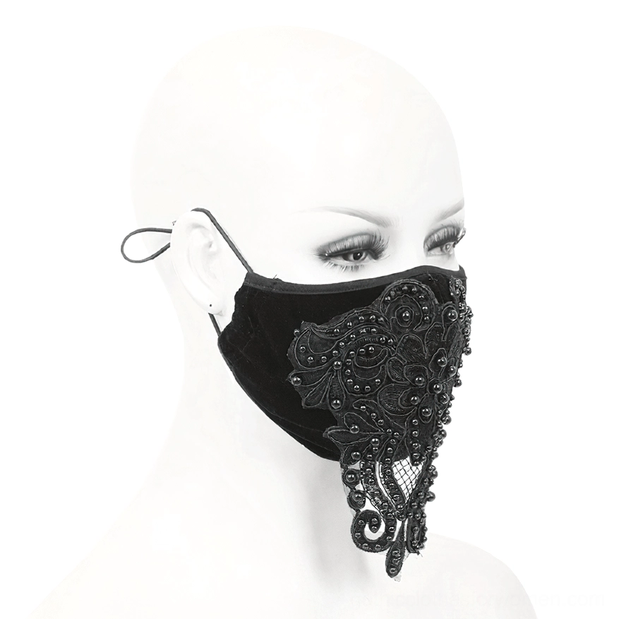 Black gothic face mask side angle showing adjustable elastic ear loops and velvet texture
