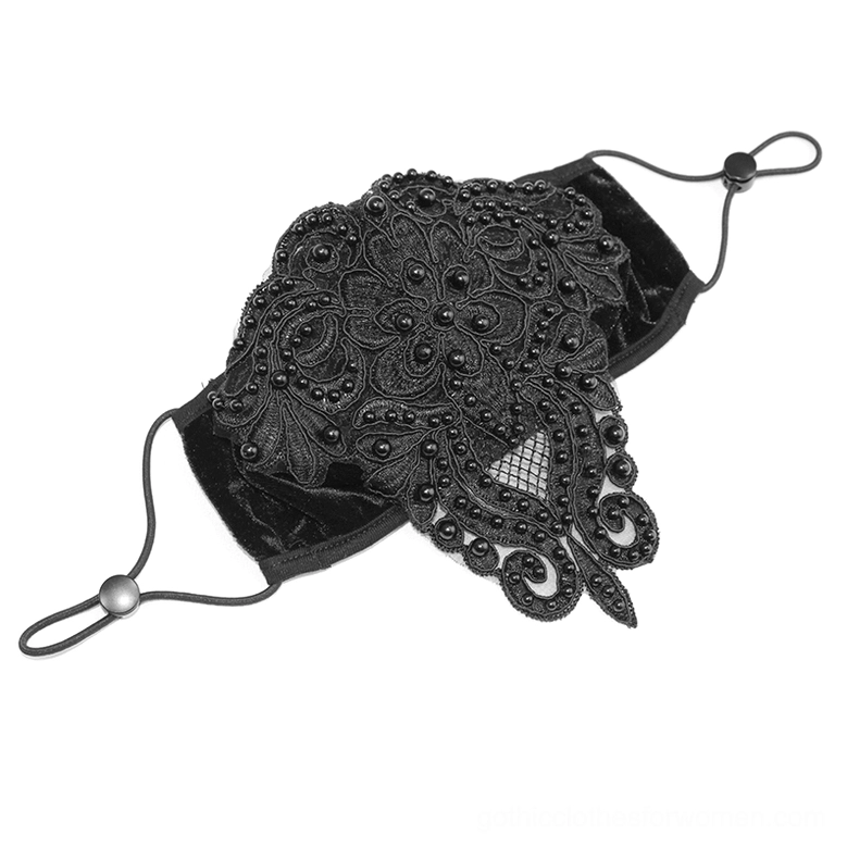 Black gothic face mask top-down view displaying intricate beaded lace appliqué and smooth velvet