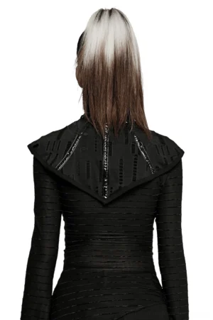 Black gothic face mask collar rear view displaying back zipper closure and mesh texture
