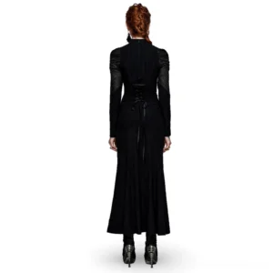 Black gothic maxi dress back view on model, featuring back corset lace-up design and mesh sleeve panels
