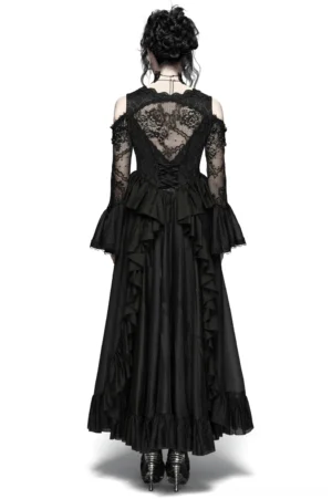 Black gothic lace maxi dress back view on model, featuring sheer transparent lace back panel, corset lace-up back with drawstring, and flowing tiered ruffled skirt
