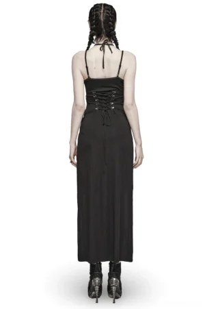 Black gothic dress back view showing metal eyelet corset lace-up and thin spaghetti straps, alternative fashion style