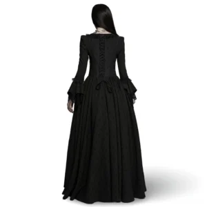 Black gothic rose jacquard maxi dress back view - corset lace-up closure and pleated floor-length hem