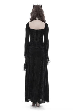 Black gothic maxi dress with bell sleeves back view showing square neckline and lace-trimmed cuffs on white background