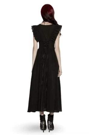 Black gothic maxi dress with corset lace-up back design and ruffled shoulders - back view on model