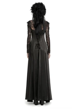 Black floor-length gothic dress with corset-style lace-up back closure, rear view
