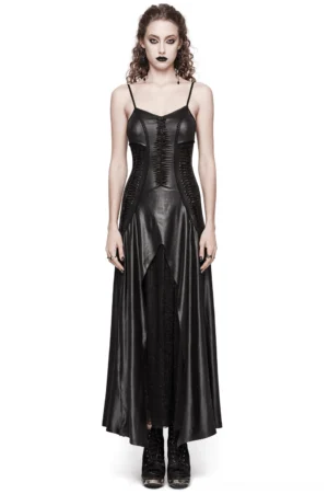 Black gothic lace-up corset maxi slip dress front view with adjustable straps and high slit