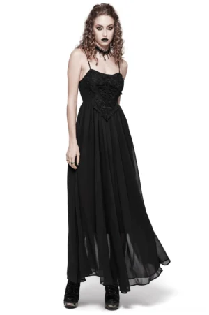 Black gothic chiffon maxi dress front three-quarter view with adjustable spaghetti straps and embroidered lace bust on model