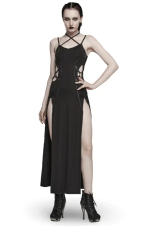 Black gothic maxi dress with convertible cross halter straps and lace cutouts, front full-length view on model with braided hair