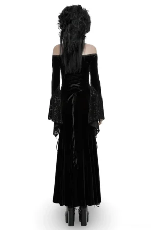 Black gothic maxi dress with corset-style lace-up back design, rear full-body view showing back details
