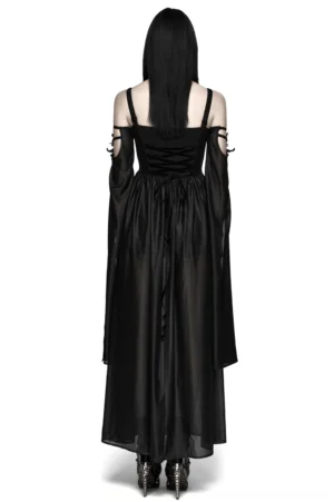 Back view of black gothic chiffon maxi dress showing sheer overlay and lace-up corset detailing on white background