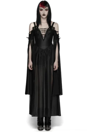 Black gothic chiffon maxi dress with deep V-neck lace-up corset front and flowing cape sleeves worn by model on white background