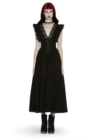 Black gothic maxi dress with lace v-neck and ruffled flying sleeves - front view on model with red hair