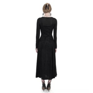Black gothic long slit dress showing detailed corset lace-up back with slim sleeves on female model, back full view