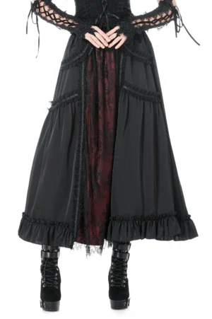 Black gothic maxi skirt with burgundy lace center panel and ruffled hem, front view on model wearing lace arm cuffs