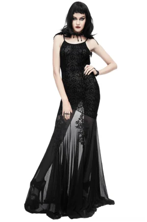 Black gothic mermaid evening dress with feathered shoulder accents and sheer mesh train, front full-body view on model
