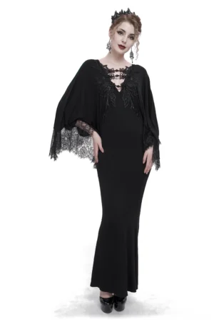 Black gothic mermaid dress front view with deep V-neck, lace cape sleeves, and beaded chest applique on model
