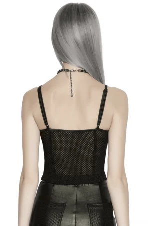 Black gothic camisole with mesh back panel and faux leather detailing, back full-body view showing transparent mesh design