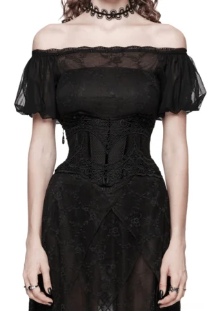 Black gothic mesh corset belt worn as part of complete off-shoulder dark fashion ensemble, front full-body view with sheer mesh sleeves and choker styling
