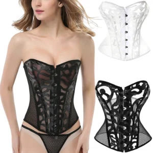 Black strapless mesh gothic corset with floral overlay on model, front view, studio shot