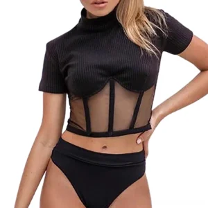 Black gothic mesh crop top with ribbed knit upper and mesh corset detail, front half-body shot