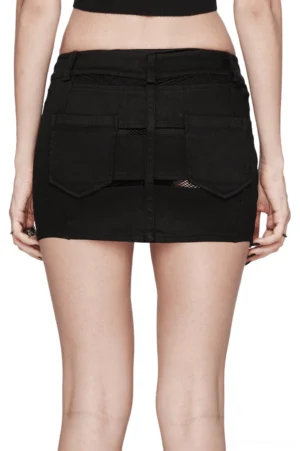 Black gothic mesh denim mini skirt back view showing rear patch pockets and mesh panel details