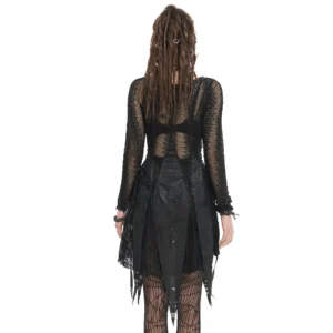Black gothic irregular dress with open sheer back panel and tattered asymmetrical hem, back full view on model