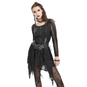 Black asymmetrical gothic mesh dress with front zipper and fishnet sleeves worn by model, front three-quarter view