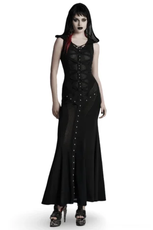 Black gothic mesh hooded maxi dress front view on model with metal rivet details and lace-up corset back
