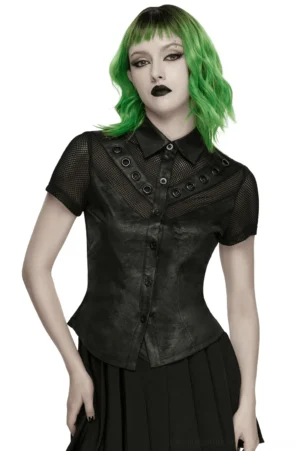 Black gothic mesh faux leather shirt with lace-up back - front view on model with green wig, showing faux leather front panel and mesh short sleeves