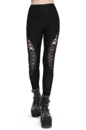 Black gothic mesh lace-up leggings front 3/4 view showing thigh cutout details with adjustable lace fastening