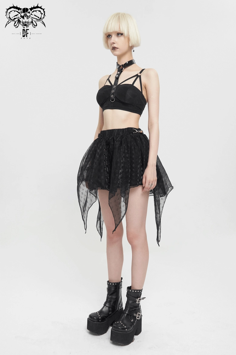 Back three-quarter angle of black mesh gothic skirt displaying irregular layered design and sheer polka dot fabric details