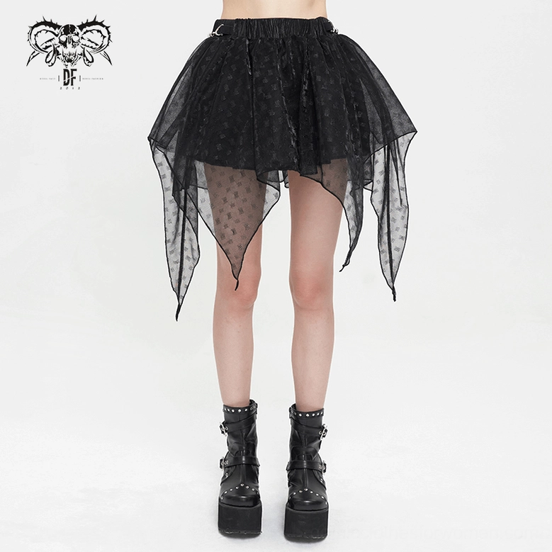 Female model wearing black mesh gothic skirt with platform boots, lower body full-length front view with sheer handkerchief hem
