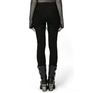 Black gothic mesh trousers rear view showing back pocket mesh overlay and adjustable straps