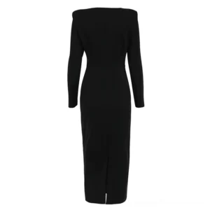 Black gothic midi dress with back slit detail - rear flat lay view showing tailored fit
