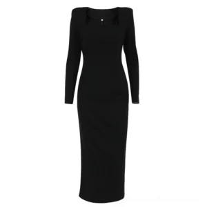 Black gothic midi dress with padded shoulders and deep square neckline - front flat lay view