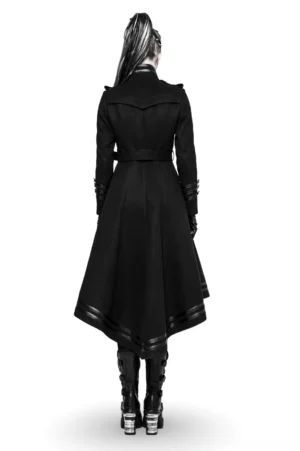 Black gothic long coat back view with stand collar, asymmetric high-low hemline, and structured waist belt detail
