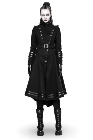 Black gothic military long coat front view worn by model with braided hair, featuring asymmetric hem and double-breasted buttons