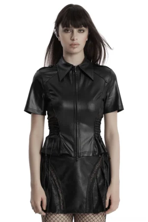 Black gothic military zip-up shirt with lace corset side details front view on model