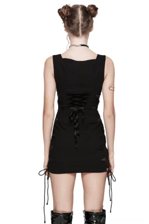 Black gothic mini dress back view showing velvet ribbon corset lacing and drawstring split hem details