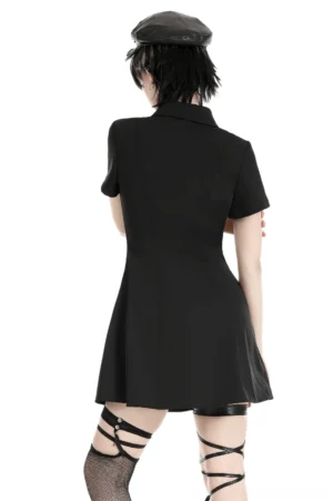 Black gothic mini dress back view showing fitted waist and flared skirt