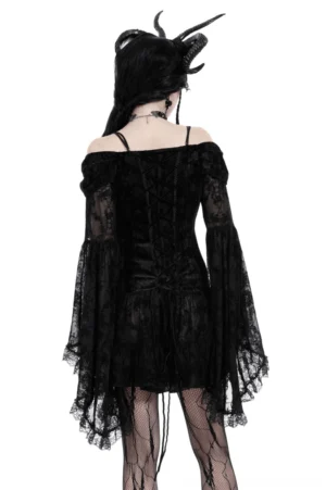 Black gothic lace dress back view showing lace-up corset back and sheer flared bell sleeves