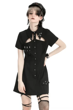 Black gothic mini dress with studded chest cutout front view on model
