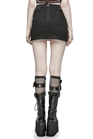 Black gothic mini skirt back view showing zipper closure, flap pockets and fishnet underlayer details